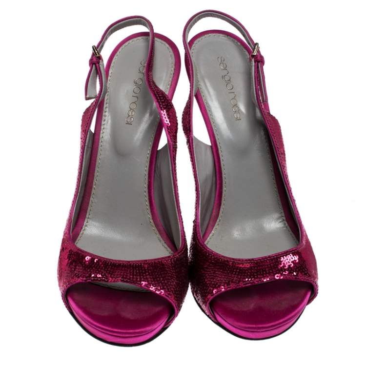 Pre Owned Sergio Rossi Pink Sequin Embellished Satin Peep Toe Slingback Sandals Size 38