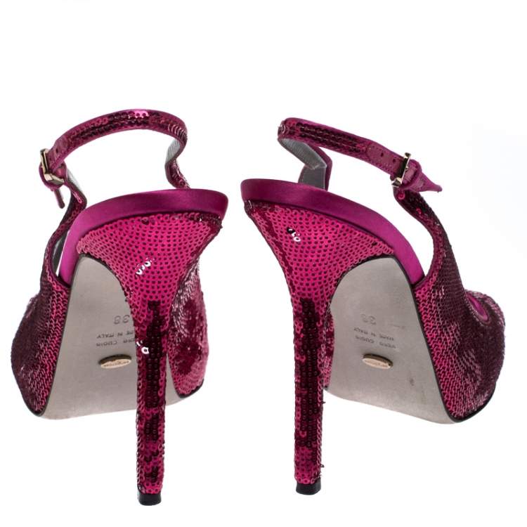 Pre Owned Sergio Rossi Pink Sequin Embellished Satin Peep Toe Slingback Sandals Size 38