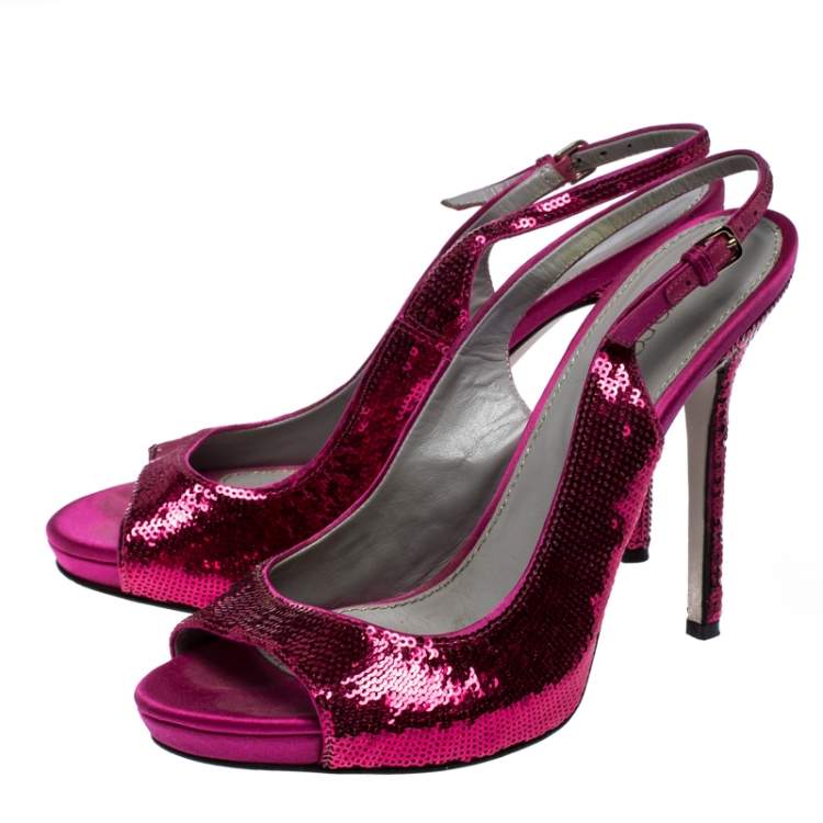 Pre Owned Sergio Rossi Pink Sequin Embellished Satin Peep Toe Slingback Sandals Size 38