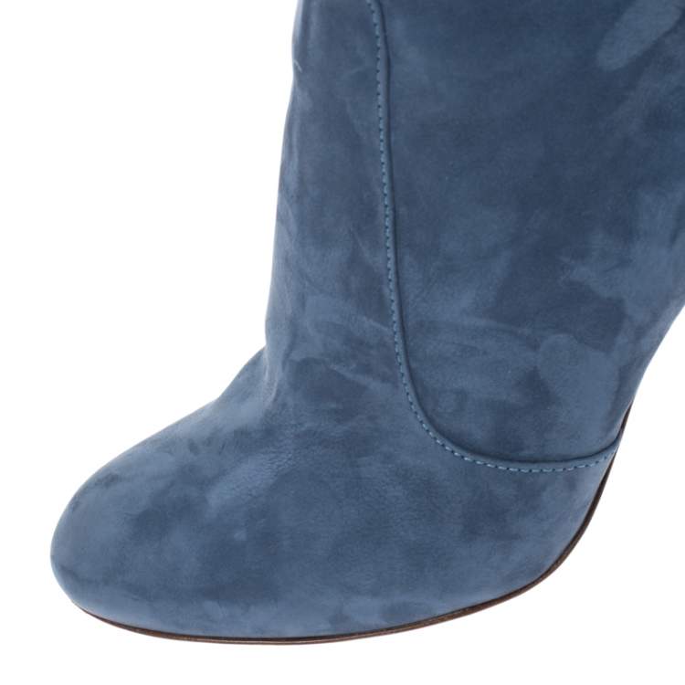 Pre Owned Sergio Rossi Blue Nubuck Round Toe Mid Calf Boots Size 36