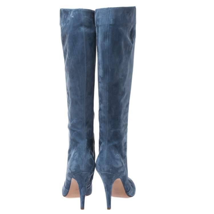 Pre Owned Sergio Rossi Blue Nubuck Round Toe Mid Calf Boots Size 36