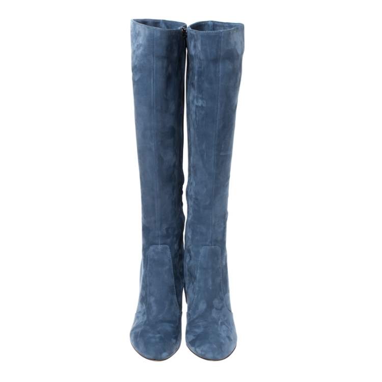 Pre Owned Sergio Rossi Blue Nubuck Round Toe Mid Calf Boots Size 36