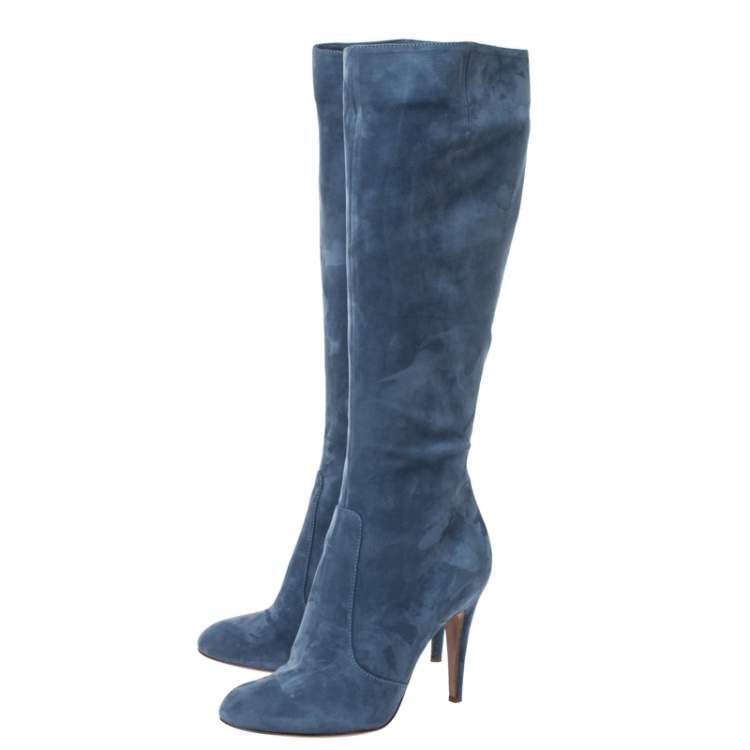 Pre Owned Sergio Rossi Blue Nubuck Round Toe Mid Calf Boots Size 36