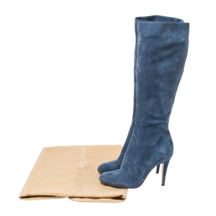Pre Owned Sergio Rossi Blue Nubuck Round Toe Mid Calf Boots Size 36