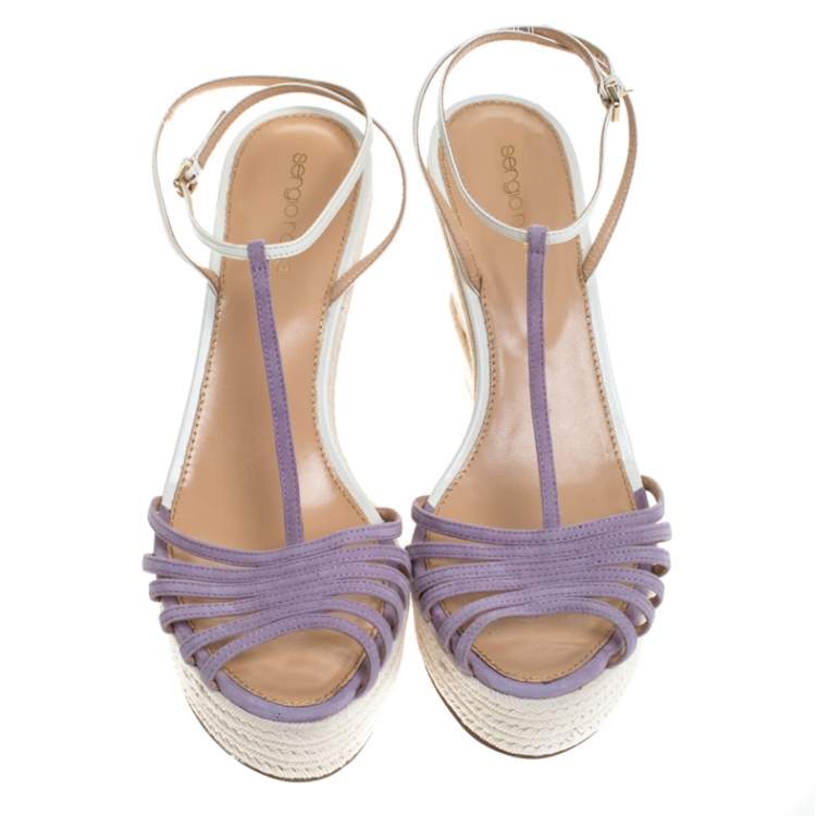 Pre Owned Sergio Rossi Lavender/White Suede and Leather T-Strap Wedge Sandals Size 39.5