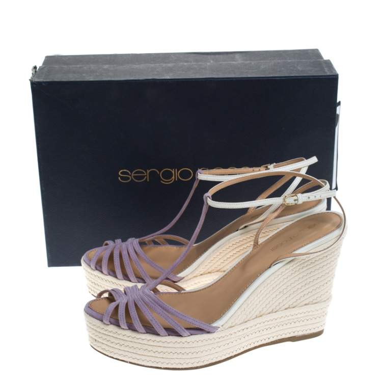Pre Owned Sergio Rossi Lavender/White Suede and Leather T-Strap Wedge Sandals Size 39.5