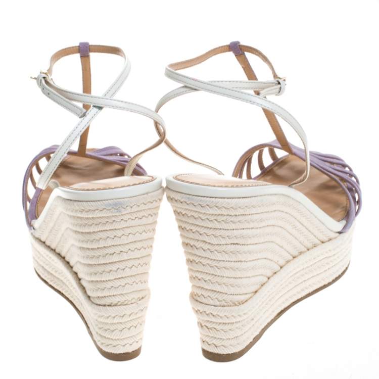 Pre Owned Sergio Rossi Lavender/White Suede and Leather T-Strap Wedge Sandals Size 39.5