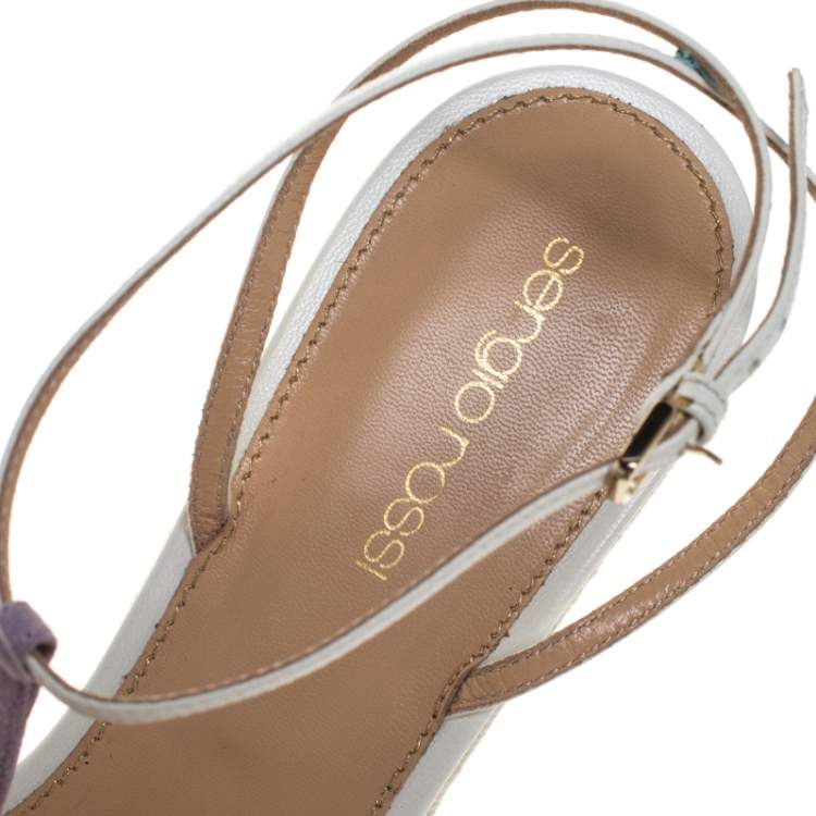 Pre Owned Sergio Rossi Lavender/White Suede and Leather T-Strap Wedge Sandals Size 39.5