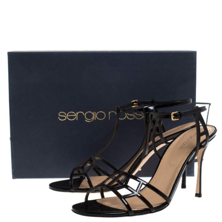 Pre Owned Sergio Rossi Black Strappy Leather Cubic Ankle Strap Sandals Size 40