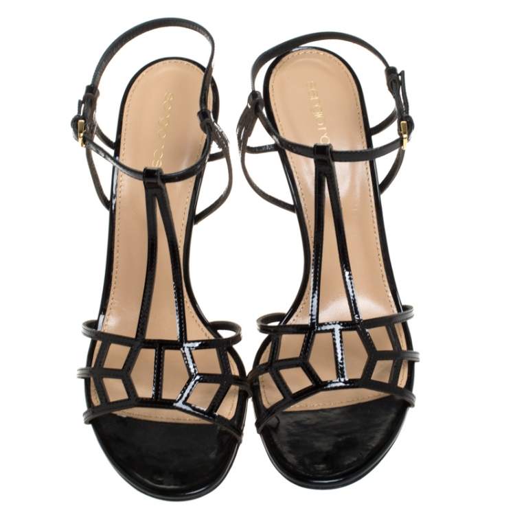 Pre Owned Sergio Rossi Black Strappy Leather Cubic Ankle Strap Sandals Size 40