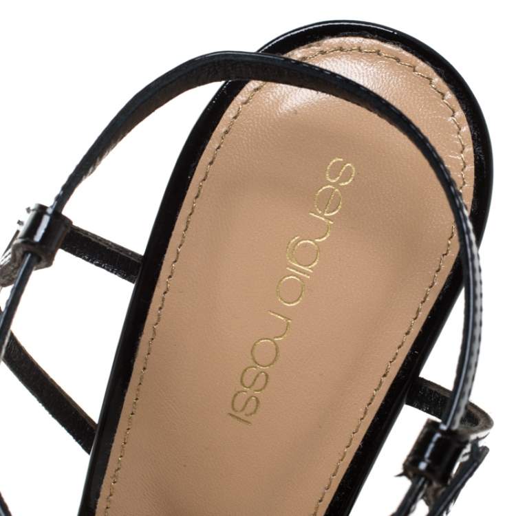 Pre Owned Sergio Rossi Black Strappy Leather Cubic Ankle Strap Sandals Size 40