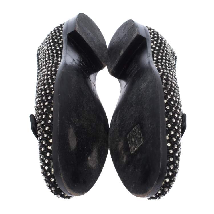 Pre Owned Sergio Rossi Black Crystal Embellished Fabric Bow Detail Flat Loafers Size 36.5