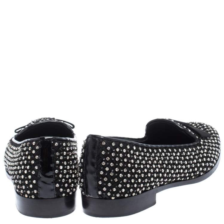 Pre Owned Sergio Rossi Black Crystal Embellished Fabric Bow Detail Flat Loafers Size 36.5
