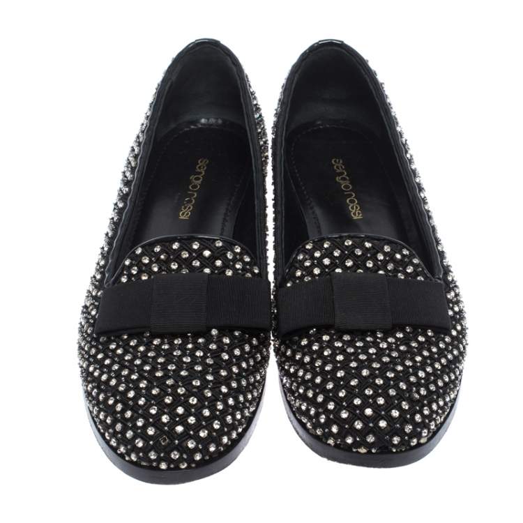 Pre Owned Sergio Rossi Black Crystal Embellished Fabric Bow Detail Flat Loafers Size 36.5