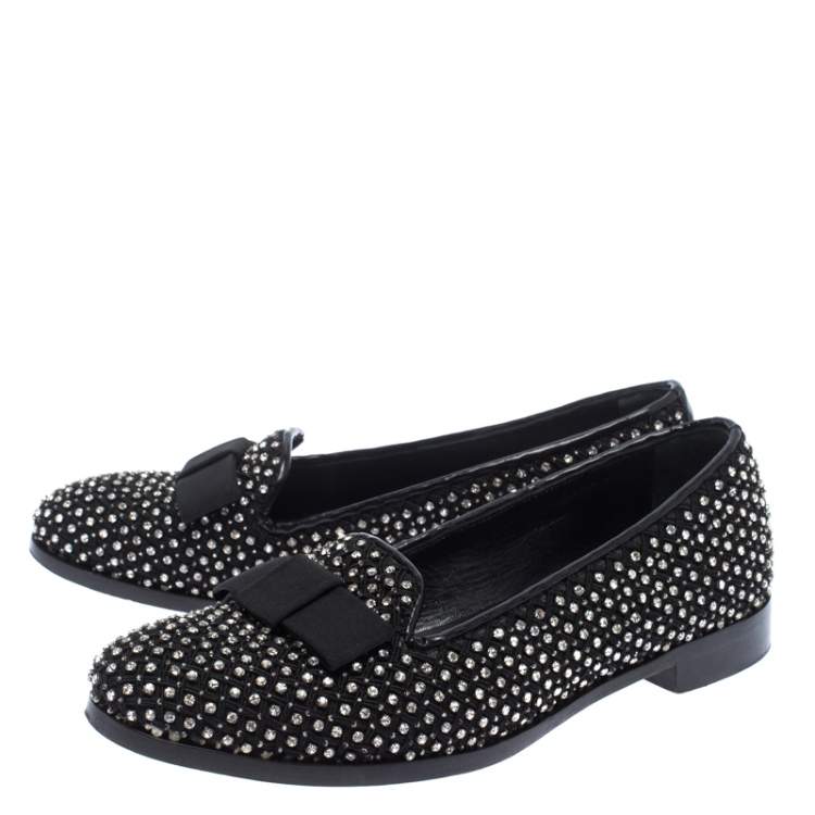 Pre Owned Sergio Rossi Black Crystal Embellished Fabric Bow Detail Flat Loafers Size 36.5