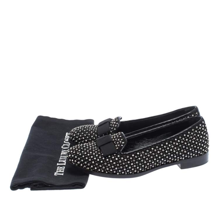 Pre Owned Sergio Rossi Black Crystal Embellished Fabric Bow Detail Flat Loafers Size 36.5