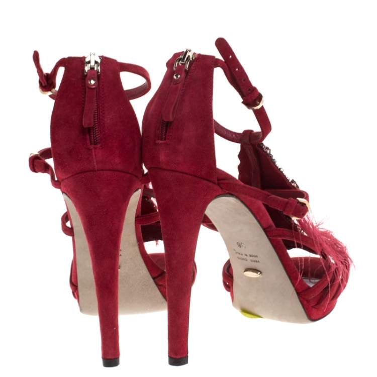 Pre Owned Sergio Rossi Red Suede Crystal And Peacock Embellished Platform Strappy Platform Sandals Size 38