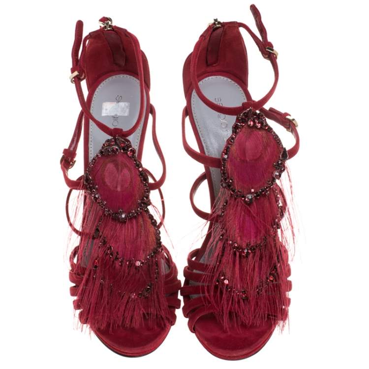 Pre Owned Sergio Rossi Red Suede Crystal And Peacock Embellished Platform Strappy Platform Sandals Size 38