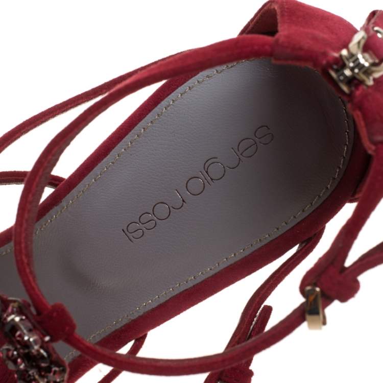 Pre Owned Sergio Rossi Red Suede Crystal And Peacock Embellished Platform Strappy Platform Sandals Size 38