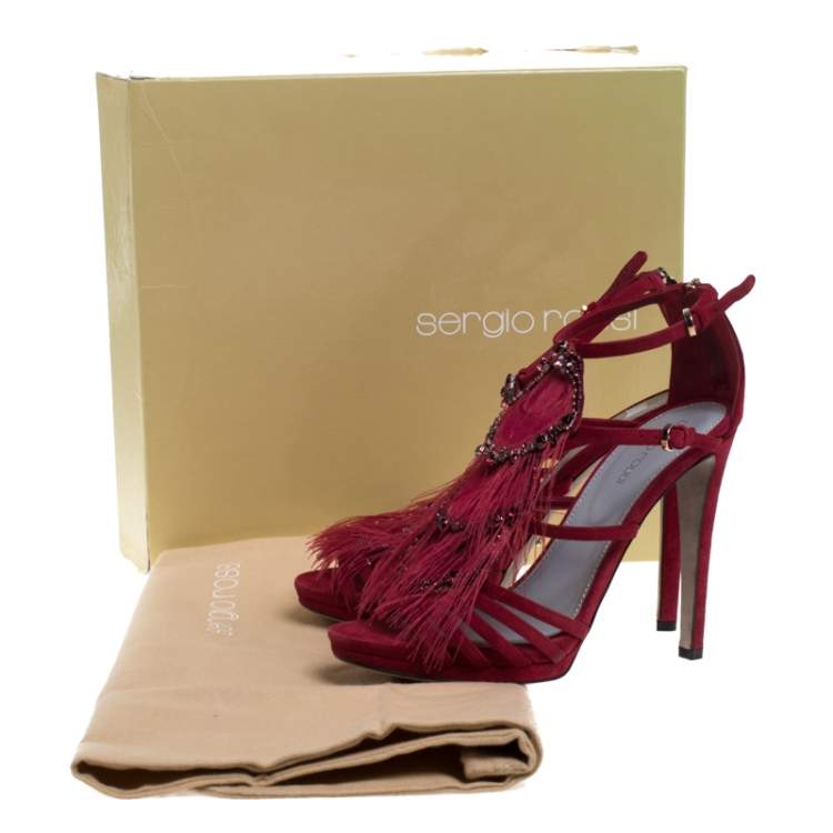Pre Owned Sergio Rossi Red Suede Crystal And Peacock Embellished Platform Strappy Platform Sandals Size 38