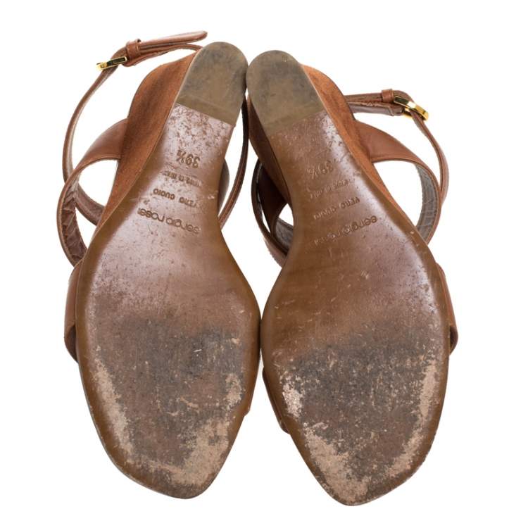 Pre Owned Sergio Rossi Brown Leather Open Toe Wedge Ankle Strap Sandals Size 39.5