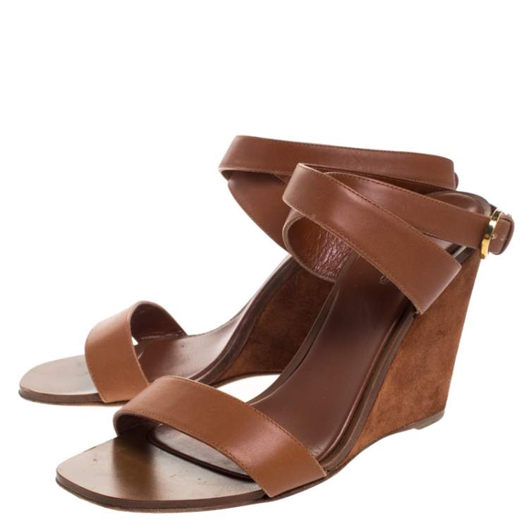 Pre Owned Sergio Rossi Brown Leather Open Toe Wedge Ankle Strap Sandals Size 39.5