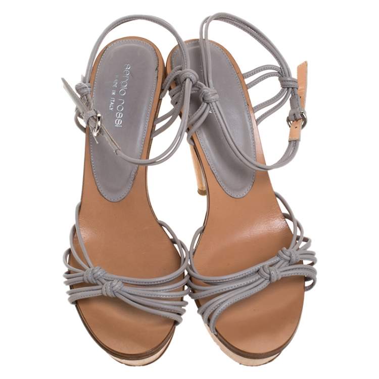 Pre Owned Sergio Rossi Grey Strappy  Leather Wooden Platform Ankle Strap Sandals Size 39.5