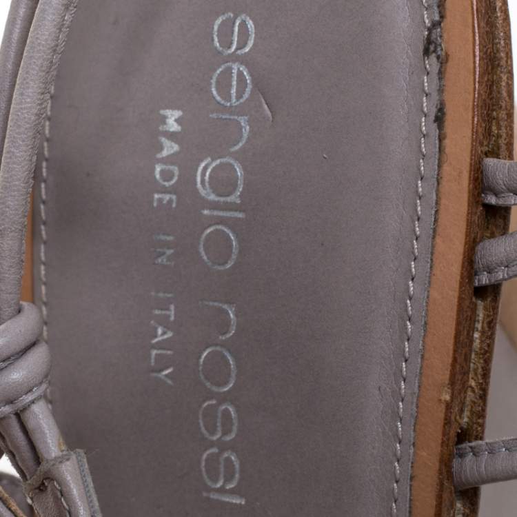 Pre Owned Sergio Rossi Grey Strappy  Leather Wooden Platform Ankle Strap Sandals Size 39.5
