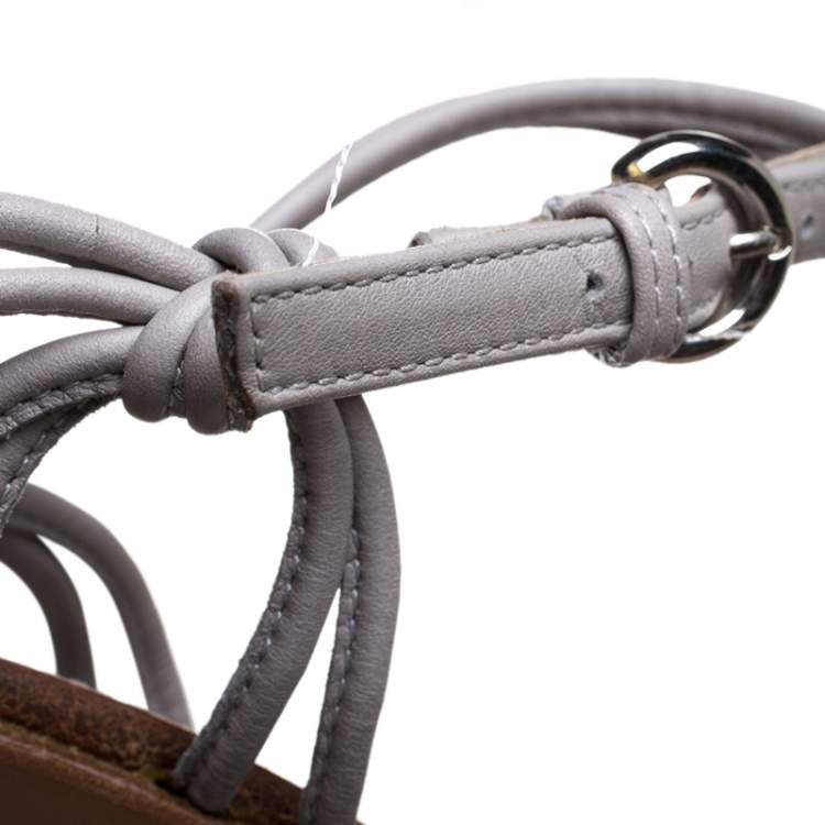 Pre Owned Sergio Rossi Grey Strappy  Leather Wooden Platform Ankle Strap Sandals Size 39.5