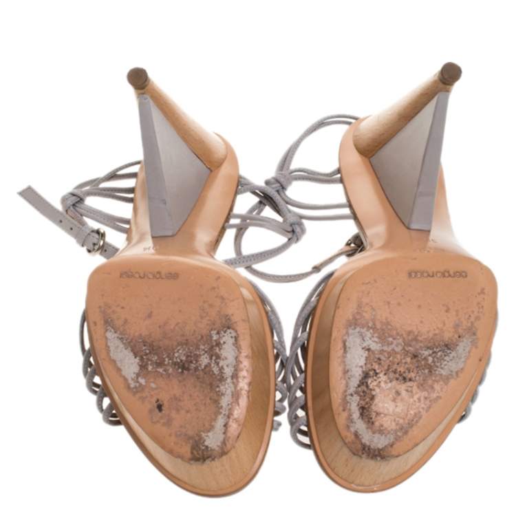 Pre Owned Sergio Rossi Grey Strappy  Leather Wooden Platform Ankle Strap Sandals Size 39.5
