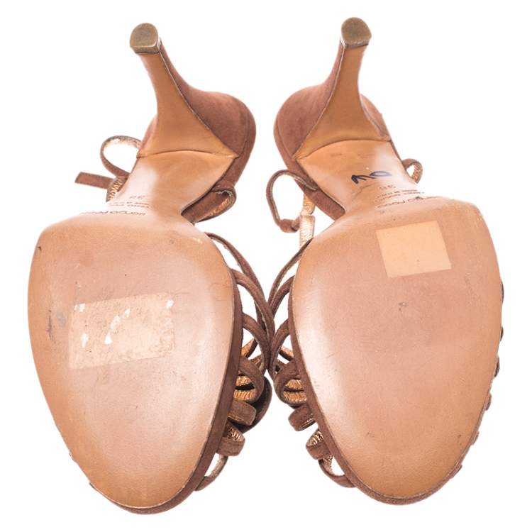 Pre Owned Sergio Rossi Brown Suede Strappy Bow Sandals Size 38