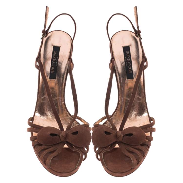 Pre Owned Sergio Rossi Brown Suede Strappy Bow Sandals Size 38