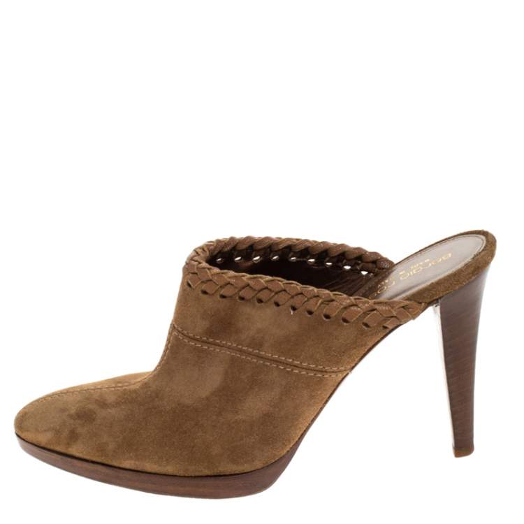 Pre Owned Sergio Rossi Beige Suede Wooden Platform Pointed Toe Mules Size 38