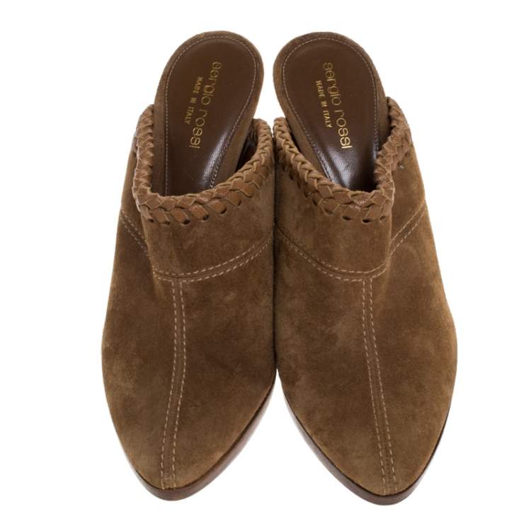 Pre Owned Sergio Rossi Beige Suede Wooden Platform Pointed Toe Mules Size 38
