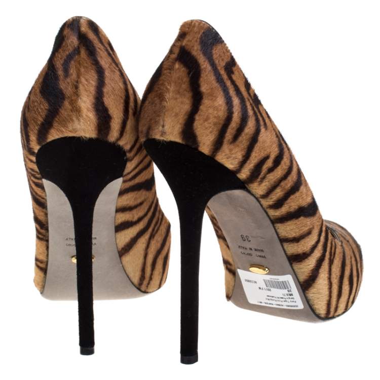 Pre Owned Sergio Rossi Brown Tiger Stripes Print Pony Hair Pumps Size 39