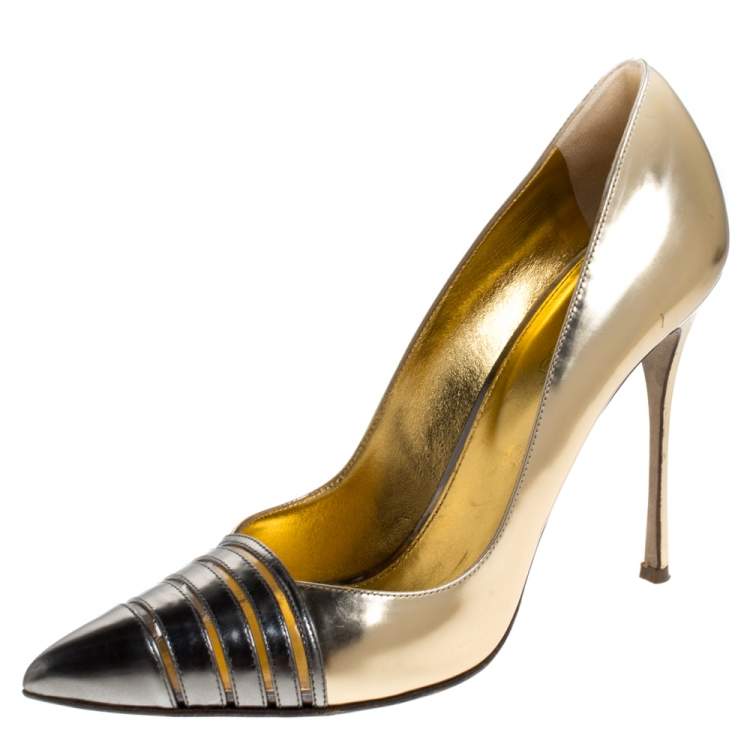 Rossi Metallic Gold/Grey Leather and PVC Claire Pointed Toe Pump Size 40 Sergio Rossi | TLC