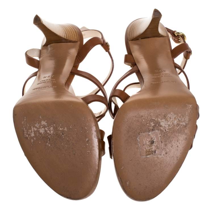 Pre Owned Sergio Rossi Brown Strappy Leather Open Toe Ankle Strap Sandals Size 39.5
