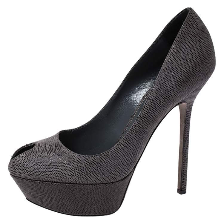 Pre Owned Sergio Rossi Grey Textured Leather Peep Toe Platform Pumps Size 38.5