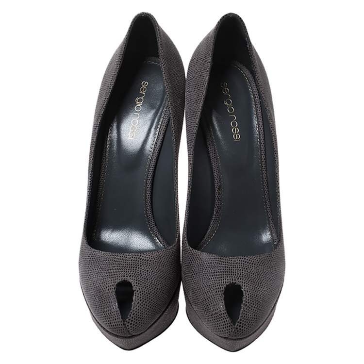 Pre Owned Sergio Rossi Grey Textured Leather Peep Toe Platform Pumps Size 38.5