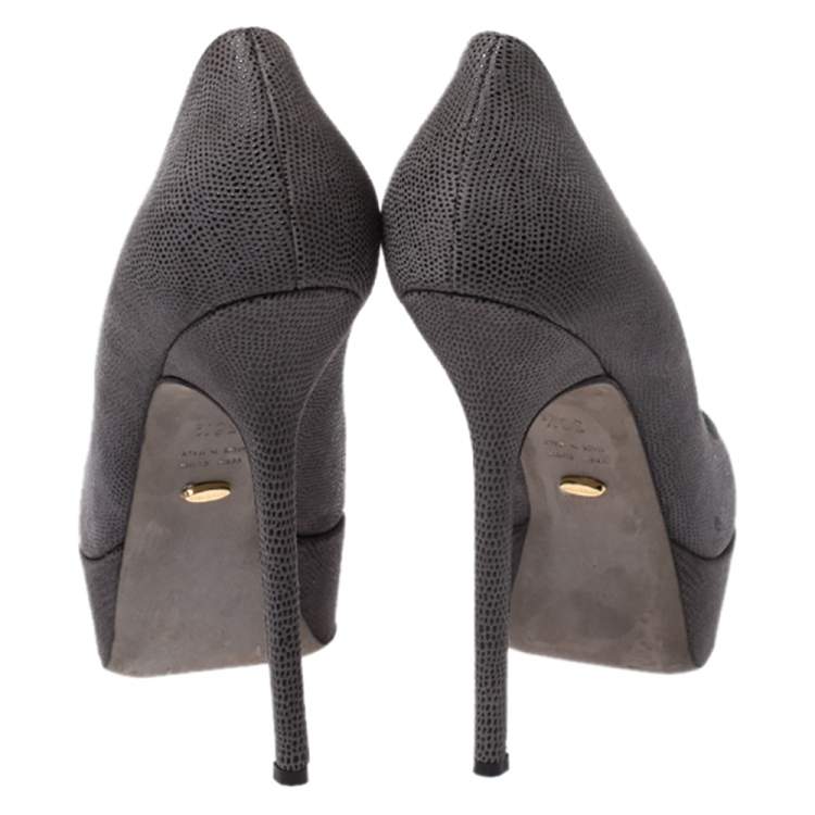 Pre Owned Sergio Rossi Grey Textured Leather Peep Toe Platform Pumps Size 38.5