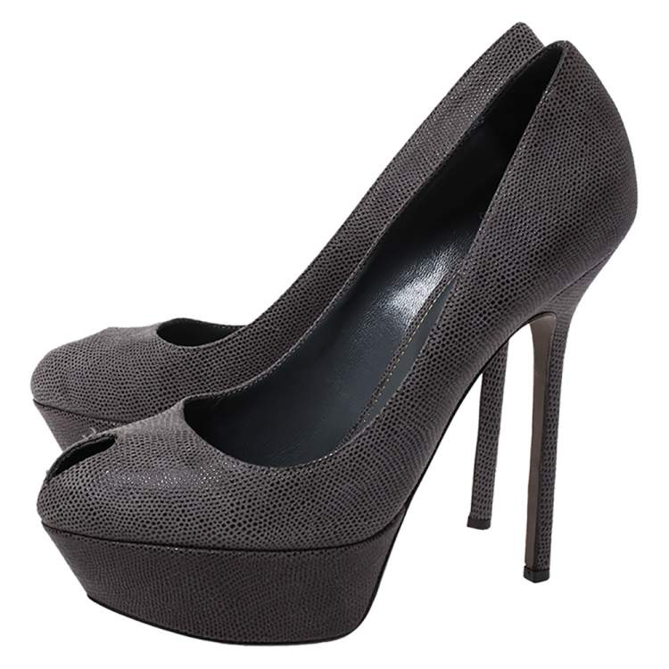 Pre Owned Sergio Rossi Grey Textured Leather Peep Toe Platform Pumps Size 38.5