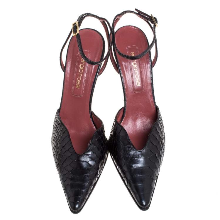 Pre Owned Sergio Rossi Black Python Leather Pointed Toe Ankle Strap Sandals Size 38.5