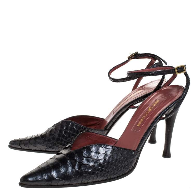 Pre Owned Sergio Rossi Black Python Leather Pointed Toe Ankle Strap Sandals Size 38.5