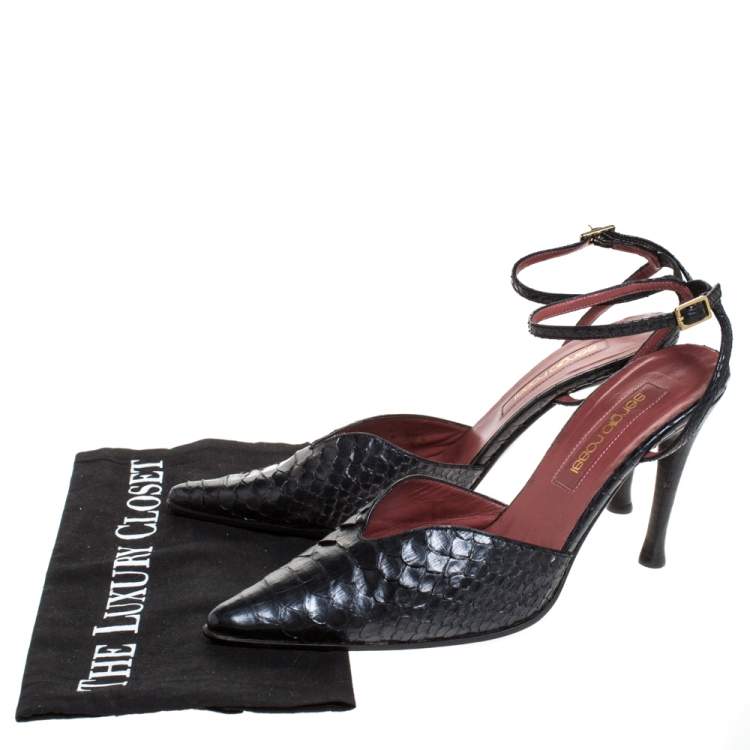 Pre Owned Sergio Rossi Black Python Leather Pointed Toe Ankle Strap Sandals Size 38.5