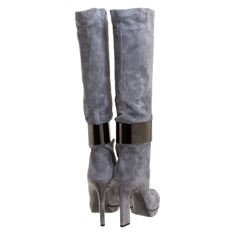 Pre Owned Sergio Rossi Grey Suede Metal Cuff Boots Size 41
