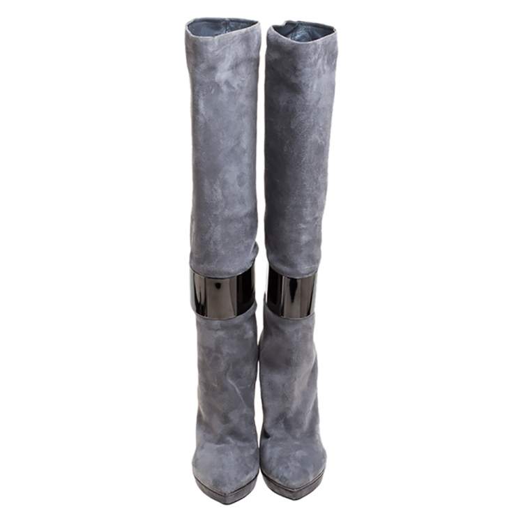 Pre Owned Sergio Rossi Grey Suede Metal Cuff Boots Size 41
