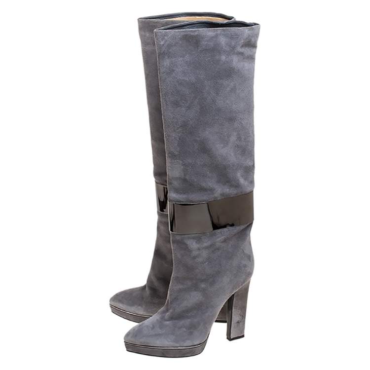 Pre Owned Sergio Rossi Grey Suede Metal Cuff Boots Size 41