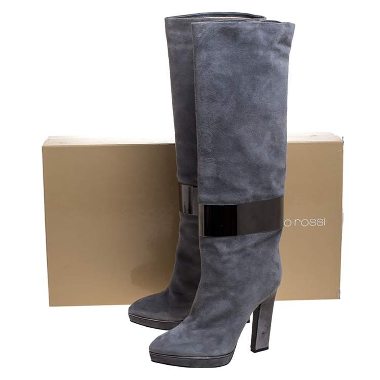 Pre Owned Sergio Rossi Grey Suede Metal Cuff Boots Size 41
