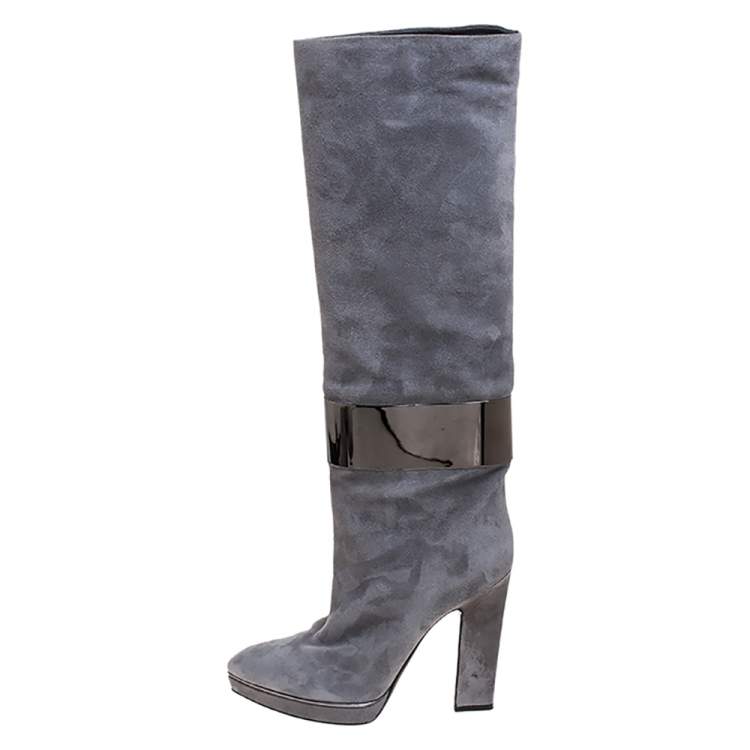 Pre Owned Sergio Rossi Grey Suede Metal Cuff Boots Size 41