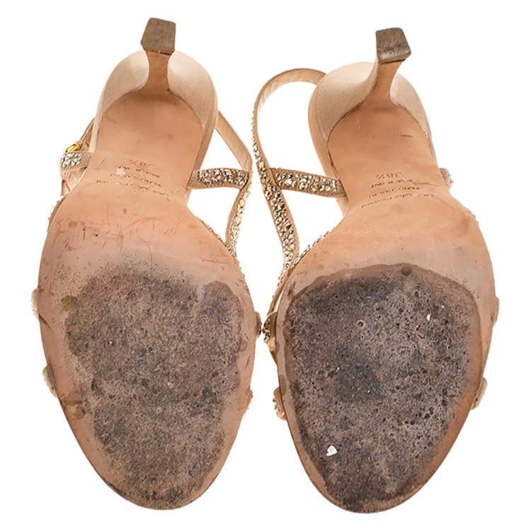 Pre Owned Sergio Rossi Beige Satin Crystal Embellished Slingback Sandals Size 38.5